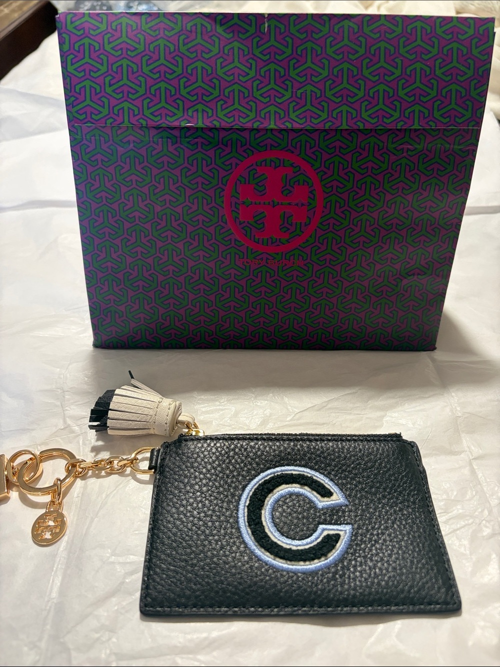 Black Leather Zip Card Case with 'C' Initial and Tassel Keychain